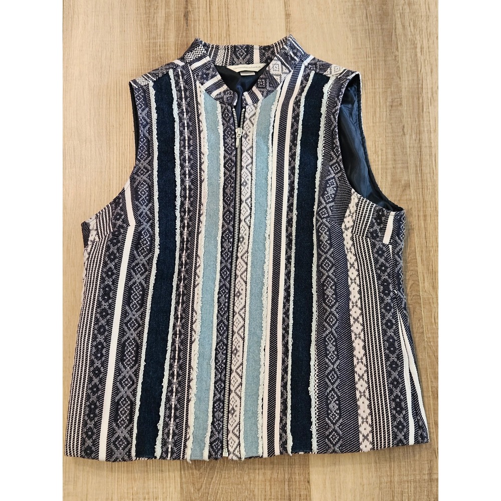Christopher & Banks Womens L Blue White Woven Striped Zip Vest Boho Lined